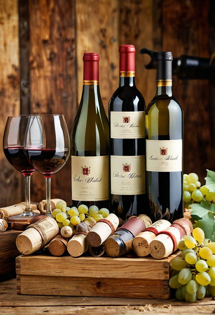 An elegant wine selection display featuring a variety of fine red and organic white wines. Include a rustic wooden table adorned with wine glasses, corks, and a gift box wrapped in rich colors, symbolizing perfect wine gifts. The background should be a soft, blurred vineyard landscape to evoke the essence of wine crafting. Super-realistic. Warm tones. Soft focus.