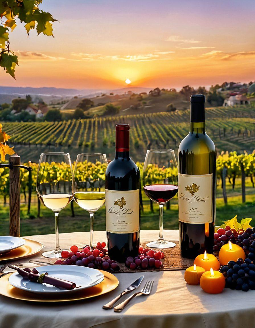 A luxurious wine tasting setting featuring an elegant table adorned with gourmet food pairings, surrounded by beautiful wine bottles and glasses catching the soft glow of candlelight. The background showcases a picturesque vineyard under a golden sunset, highlighting the rich colors of the harvest. Delicate wine gifts are artfully arranged, conveying thoughtfulness and elegance. super-realistic. vibrant colors. elegant ambiance.