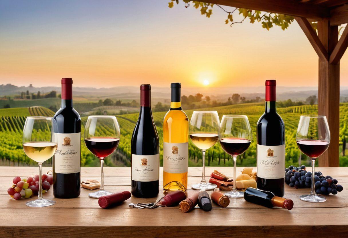A beautifully arranged wooden table adorned with various premium wine bottles, each showcasing unique labels and colors. Surrounding the bottles are elegant wine glasses filled with rich red and white wines, along with a backdrop of lush vineyards under a sunset sky. A vintage corkscrew and a few wine tasting notes are scattered around, emphasizing the exploration aspect. Soft golden light highlights the elegant setting. super-realistic. vibrant colors. warm ambiance.